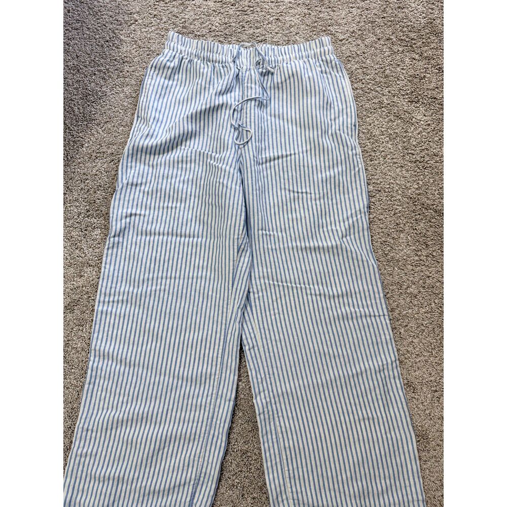 H&M Blue White Striped Linen Blend Drawstring Pants Small